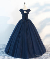 Dark blue round neck tulle lace long prom dress, blue tulle lace evening dress