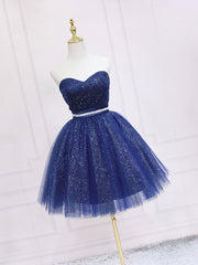 Dark Blue Sweetheart Neck Tulle Sequin Short Prom Dresses Blue Puffy Homecoming Dresses