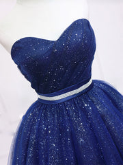 Dark Blue Sweetheart Neck Tulle Sequin Short Prom Dresses Blue Puffy Homecoming Dresses