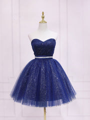 Dark Blue Sweetheart Neck Tulle Sequin Short Prom Dresses Blue Puffy Homecoming Dresses