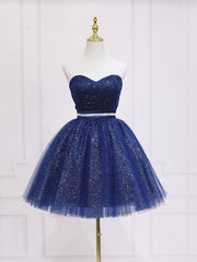 Dark Blue Sweetheart Neck Tulle Sequin Short Prom Dresses Blue Puffy Homecoming Dresses