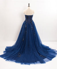 Dark Blue Sweetheart Tulle Lace Long Prom Dresses Blue Tulle Evening Dresses