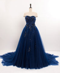 Dark Blue Sweetheart Tulle Lace Long Prom Dresses Blue Tulle Evening Dresses