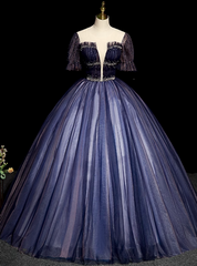 Dark Blue Tulle Backless Beading Quinceanera Dresses