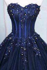 Dark Blue Tulle Lace Princess Dresses, A-Line Strapless Long Prom Dresses