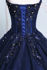 Dark Blue Tulle Lace Princess Dresses, A-Line Strapless Long Prom Dresses