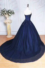 Dark Blue Tulle Lace Princess Dresses, A-Line Strapless Long Prom Dresses