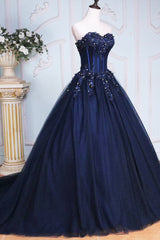 Dark Blue Tulle Lace Princess Dresses, A-Line Strapless Long Prom Dresses