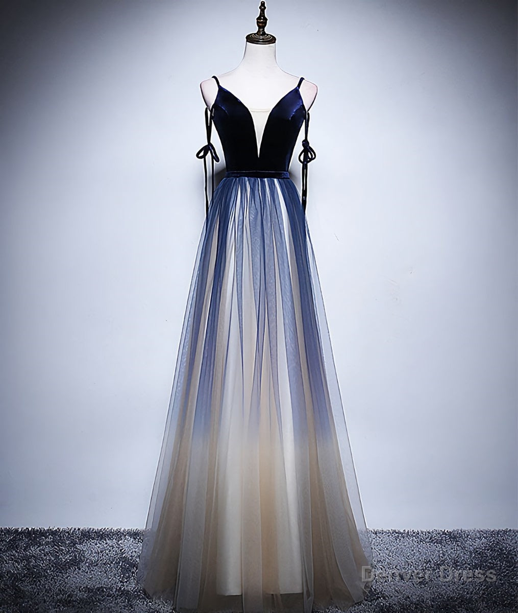 Dark blue tulle long prom dress, blue evening dress