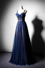 Dark Blue Tulle Long Prom Dresses, Dark Blue Evening Dresses