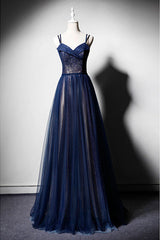 Dark Blue Tulle Long Prom Dresses, Dark Blue Evening Dresses