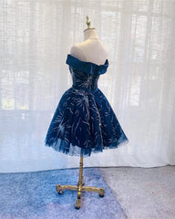 Dark Blue Tulle Off Shoulder Knee Length Party Dresses, Blue Homecoming Dresses