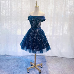 Dark Blue Tulle Off Shoulder Knee Length Party Dresses, Blue Homecoming Dresses