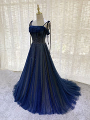 Dark Blue Tulle Sequin Long Prom Dresses, Blue Tulle Formal Dresses