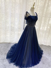 Dark Blue Tulle Sequin Long Prom Dresses, Blue Tulle Formal Dresses