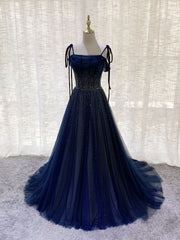 Dark Blue Tulle Sequin Long Prom Dresses, Blue Tulle Formal Dresses