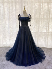 Dark Blue Tulle Sequin Long Prom Dresses, Blue Tulle Formal Dresses