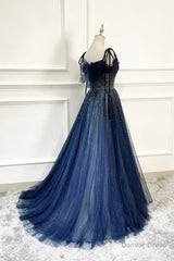 Dark Blue Tulle Sequin Long Prom Dresses A Line Birthday Party Dresses