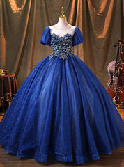 Dark Blue Tulle Sequins Puff Sleeve Appliques Quinceanera Dresses