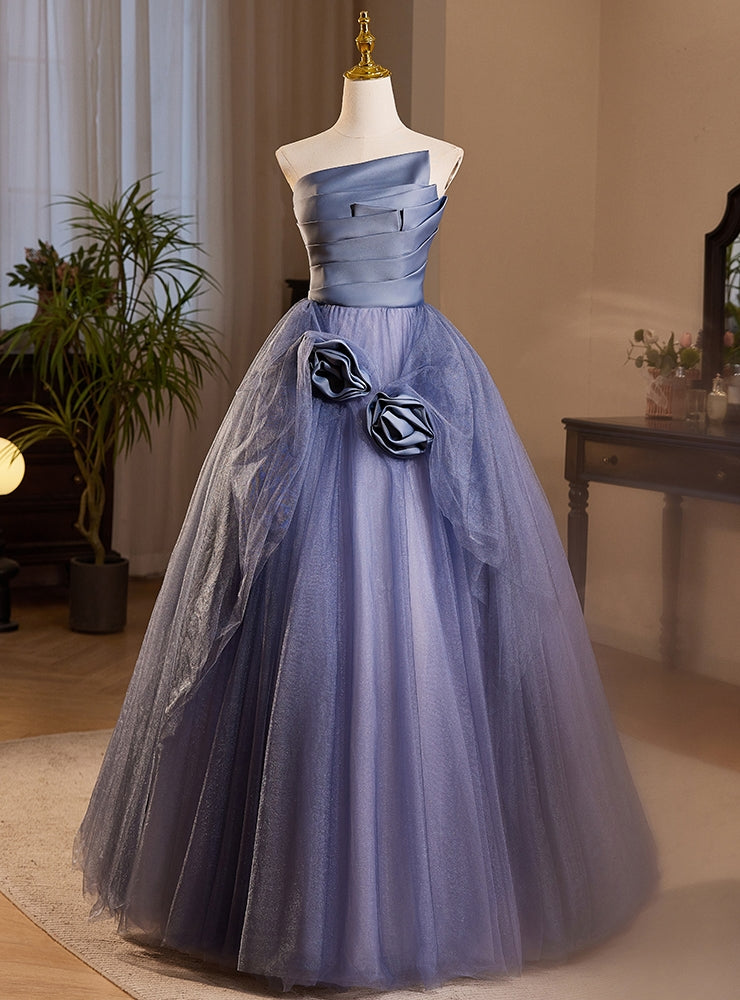 Dark Blue Tulle Strapless Pleats Flower Prom Dress