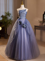 Dark Blue Tulle Strapless Pleats Flower Prom Dresses