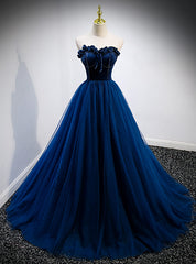 Dark Blue Tulle Velvet Beading Strapless Prom Dress