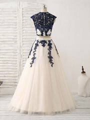 Dark Blue Two Pieces Lace Tulle Long Prom Dresses Blue Evening Dresses