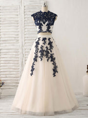 Dark Blue Two Pieces Lace Tulle Long Prom Dresses Blue Evening Dresses