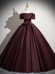 Dark Burgundy Satin Off the Shoulder Pleats Prom Dresses