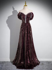 Dark Burgundy Sequins Off the Shoulder Prom Dresses