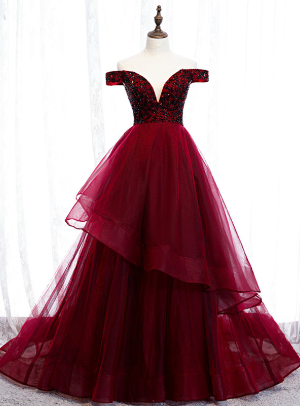 Dark Burgundy Tulle Off the Shoulder Beading prom Dress