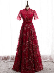 Dark Burgundy Tulle Sequins High Neck Short Sleeve Prom Dresses