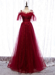 Dark Burgundy Tulle Spaghetti Straps Appliques Beading Prom Dresses