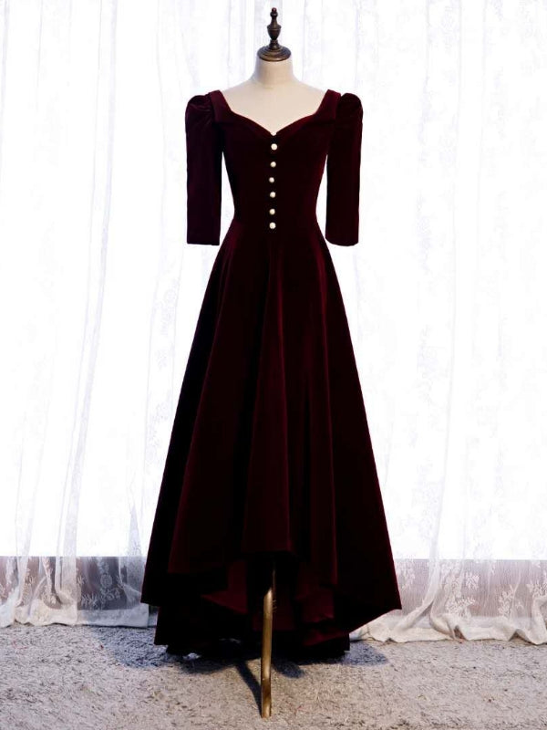 Dark Burgundy Velvet  Short Sleeve Prom Dress