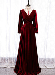 Dark Burgundy Velvet High Neck Long Sleeve Prom Dress