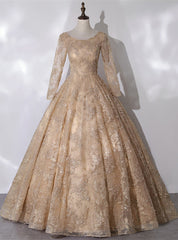 Dark Champagne Tulle Embroidery Long Sleeve Quinceanera Dresses