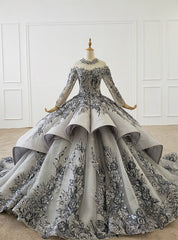 Dark Gray Ball Gown Tulle Embroidery Appliques Long Sleeve Wedding Dresses