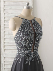 Dark Gray Sequin Beads Long Prom Dresses Backless Evening Dresses