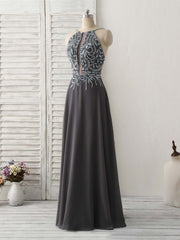 Dark Gray Sequin Beads Long Prom Dresses Backless Evening Dresses