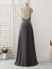 Dark Gray Sequin Beads Long Prom Dresses Backless Evening Dresses