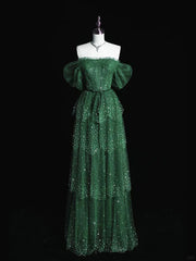 Dark Green A Line Off-the-shoulder Layered Shiny Tulle Prom Dresses