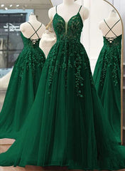 Dark Green A-line V-neckline Tulle and Lace Party Dresses, Green Long Prom Dresses