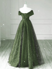 Dark Green and Black A-line Satin Long Party Dresses, Simple Long Prom Dresses