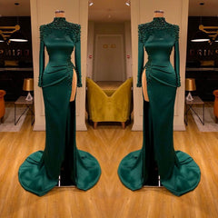 Dark Green Beadings Pearl Long Sleeves Evening Gowns Mermaid Prom Dresses With Slit