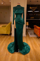 Dark Green Beadings Pearl Long Sleeves Evening Gowns Mermaid Prom Dresses With Slit