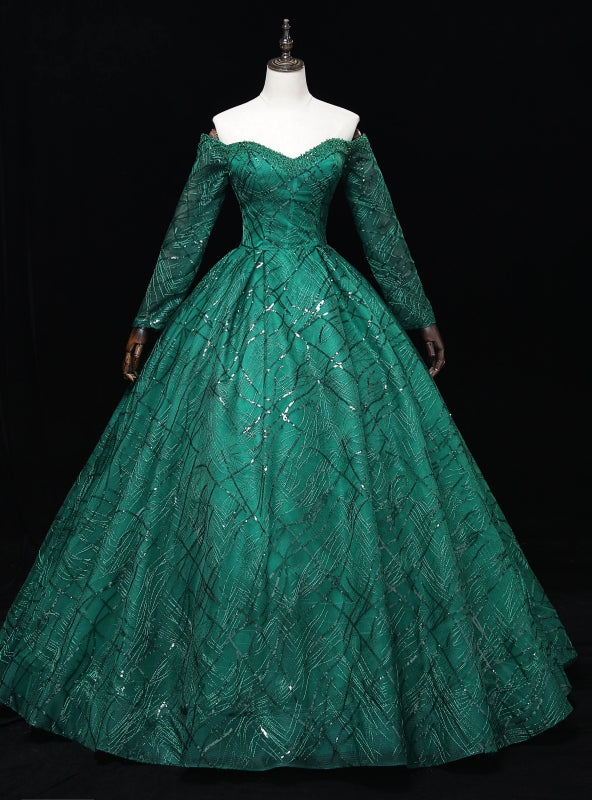 Dark Green Long Sleeve Beading Quinceanera Dress