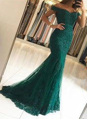 Dark Green Mermaid Off Shoulder Party Dresses with Lace Mermaid Prom Dresses prom Dresses shops