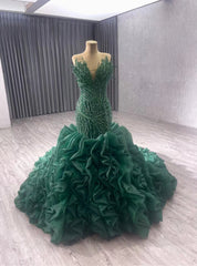 Dark Green Mermaid Strapless Ruffles Beading Prom Dresses