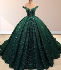 Vert foncé hors de la robe de quinceanera pailletée à l'épaule