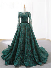 Dark Green Sequins Long Sleeve Backless Prom Dresses With Long Train